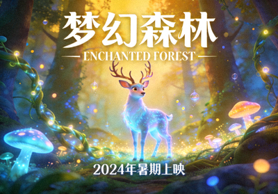 动画电影《梦幻森林》海报，奇幻生物在发光森林中